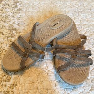 Lands' End ladies Taupe/Brown Cross-Strap Slide Sandals.